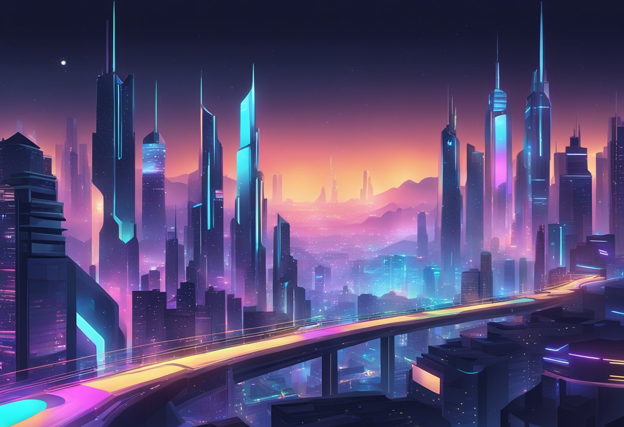 A futuristic city skyline at night, with holographic billboards and neon lights illuminating the streets below