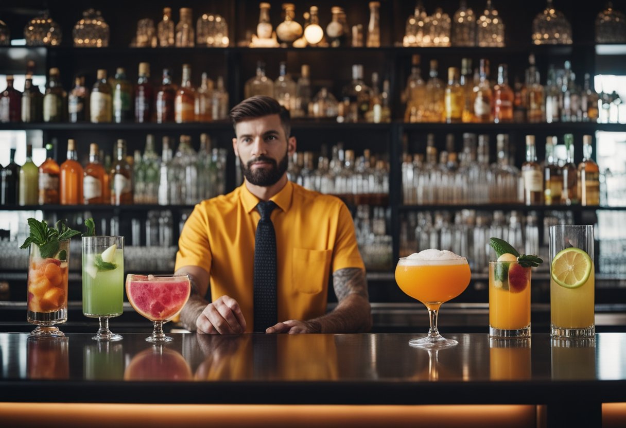 A bartender expertly mixes colorful ingredients in a sleek, modern mocktail bar in NYC. Shelves behind the bar display an array of exotic fruits and premium spirits