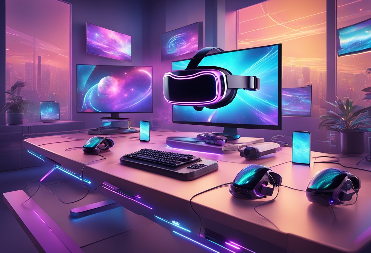 A futuristic gaming console surrounded by holographic displays and immersive virtual reality headsets