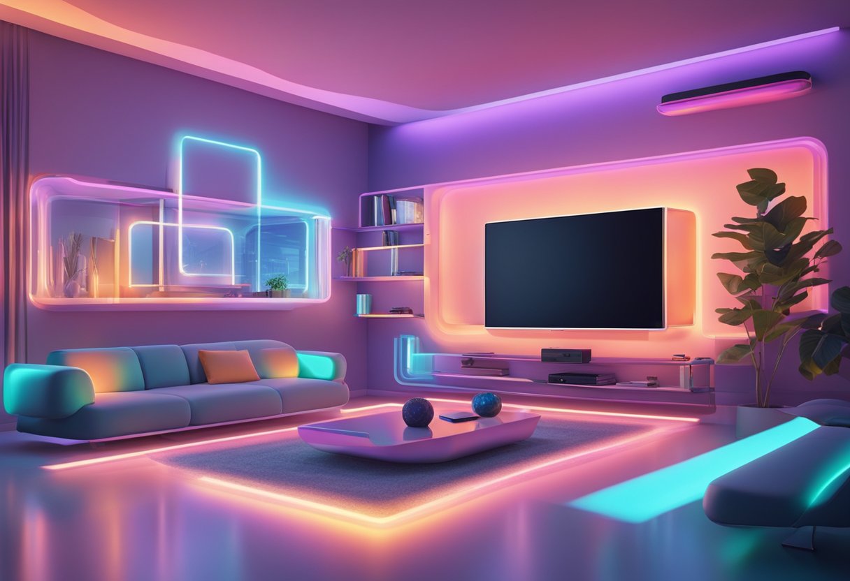 A futuristic living room with holographic TV screens and floating streaming devices