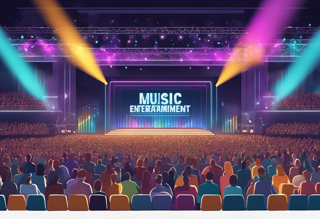 A crowded concert hall with colorful stage lights and a large screen displaying the words "Music Industry Highlights The best entertainment of 2024"