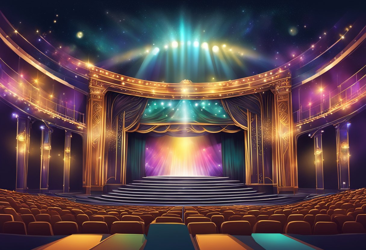 A grand theater stage with vibrant lights and a live performance in full swing, captivating the audience with dynamic energy and artistic talent