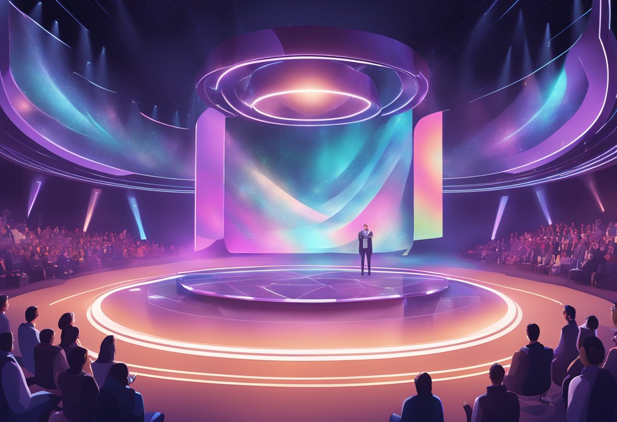 A futuristic stage with holographic displays and interactive technology, surrounded by a virtual audience in a digital environment