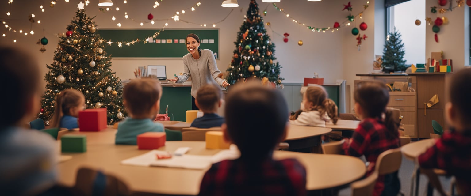 Uma sala de aula aconchegante com decorações coloridas, uma grande árvore de Natal e crianças animadas ouvindo uma professora contando a história do Natal.