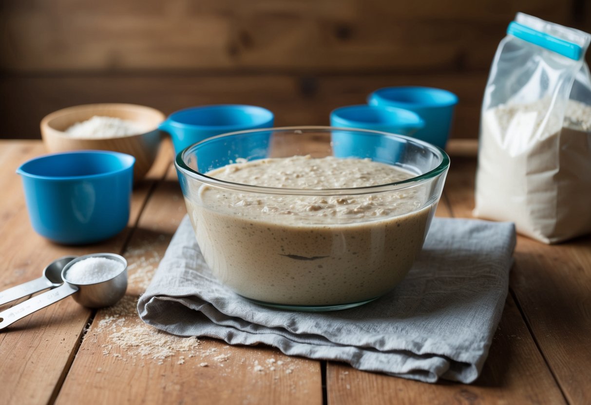 A glass bowl of sourdough starter sits on a wooden table, covered with a cloth, surrounded by measuring cups and a bag of flour