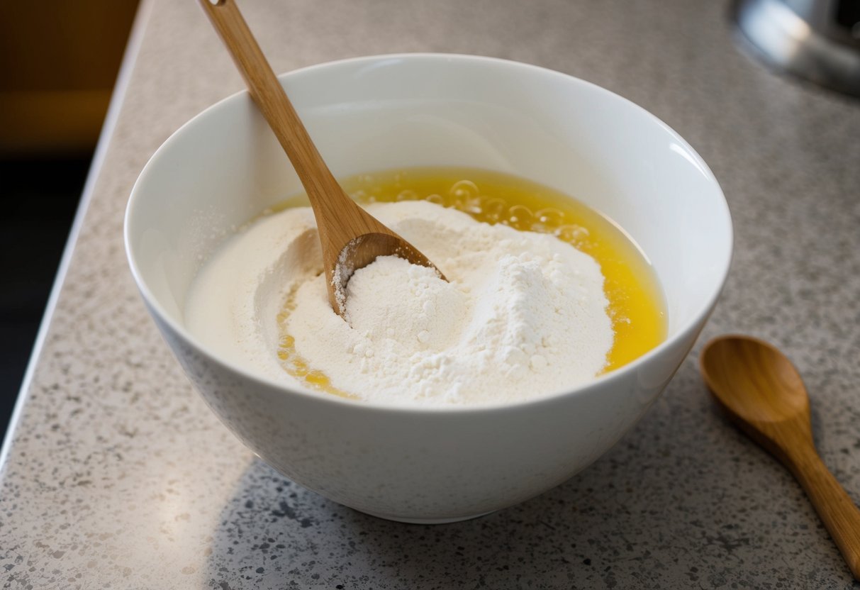 A bowl of flour and water sits on a kitchen counter, with a wooden spoon resting next to it. The mixture appears to be in the process of autolysing, with bubbles forming on the surface