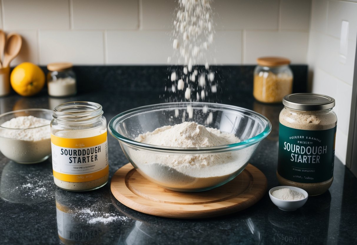 A mixing bowl with flour and water resting on a countertop, surrounded by jars of sourdough starter and other baking ingredients