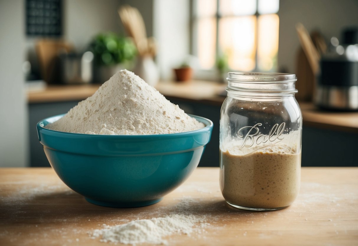 A bowl of flour and water sit beside a jar of sourdough starter, ready to be mixed together in the process of autolyse