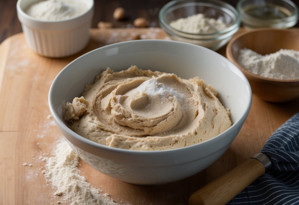 A bowl of sourdough starter and flour being mixed and kneaded together to develop the dough