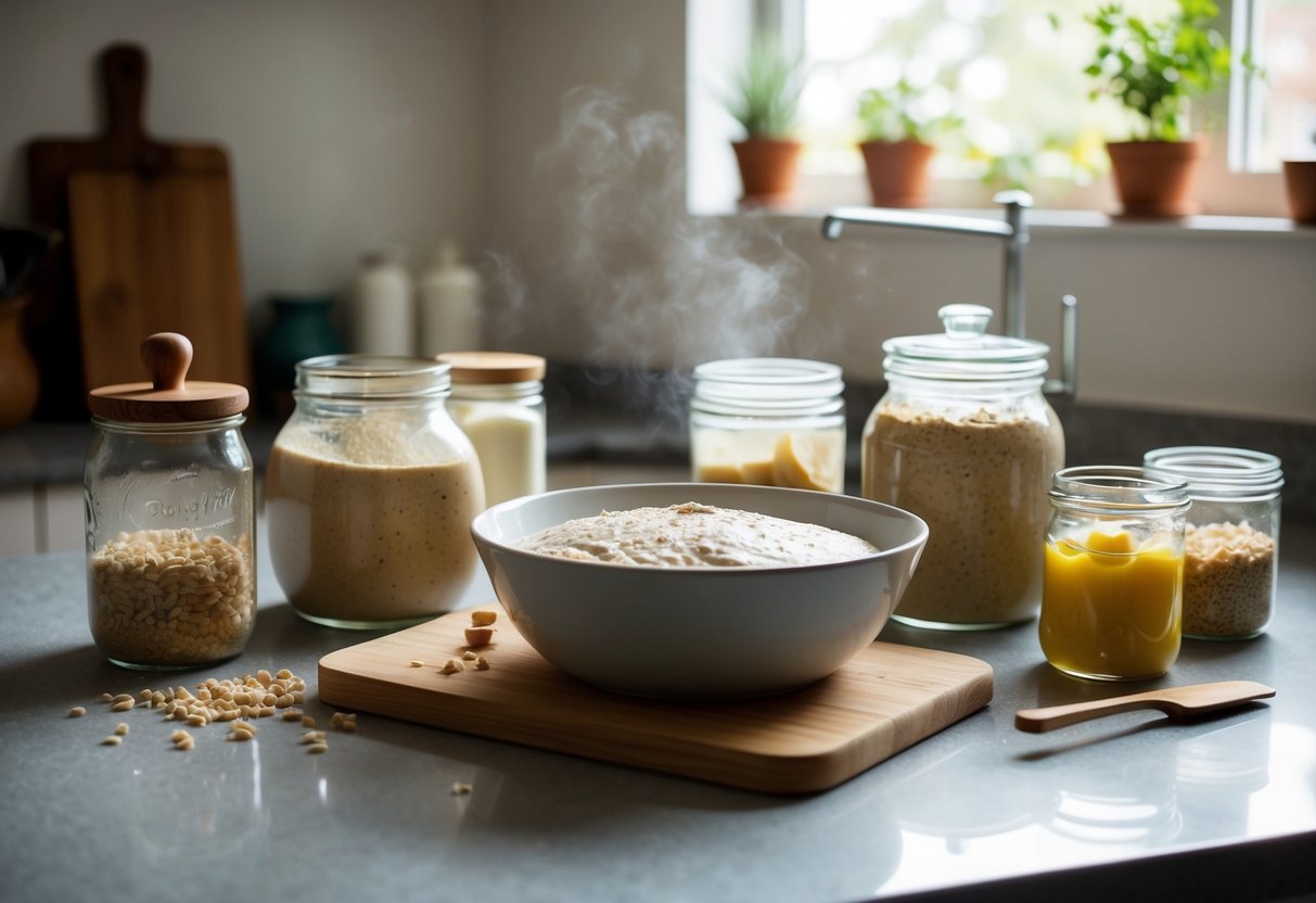 A bowl of sourdough starter sits on a kitchen counter, surrounded by jars of various ingredients. A gentle aroma of fermentation fills the air