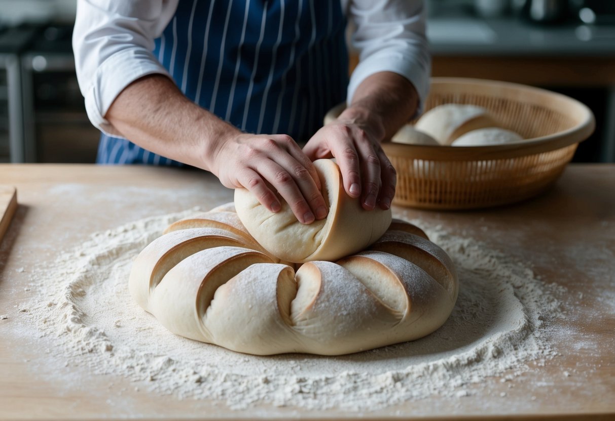 A baker gently folding and shaping sourdough on a floured surface before placing it into a proofing basket