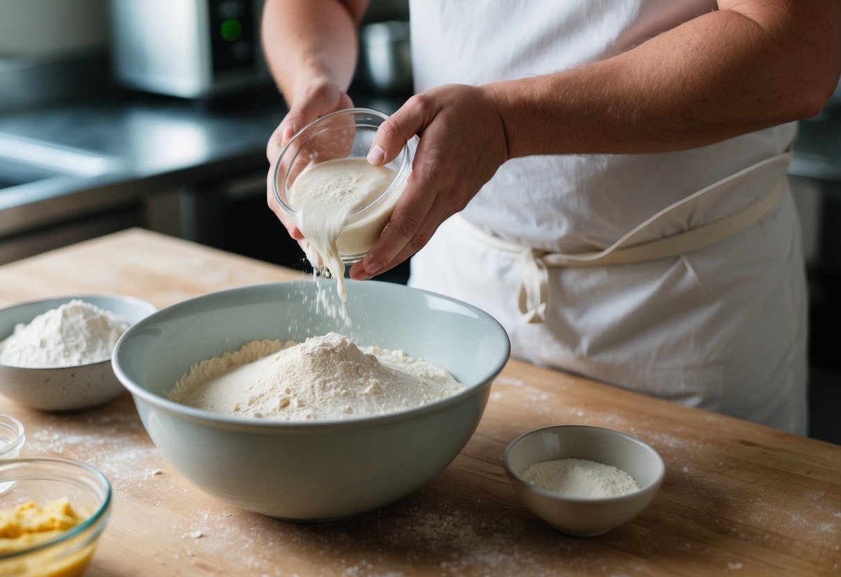 A baker mixing flour and water in a bowl, letting it rest before adding the sourdough starter