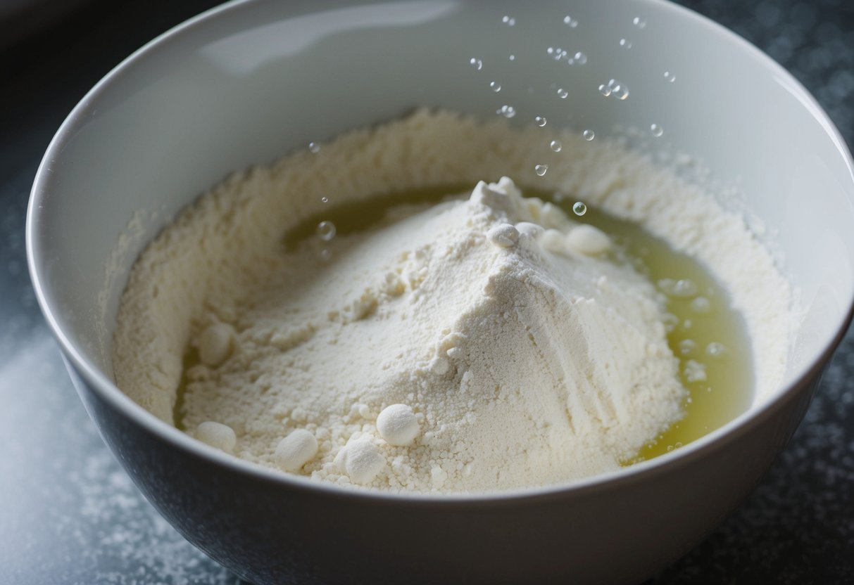 A bowl of flour and water mixed together, with bubbles forming as the sourdough autolyses