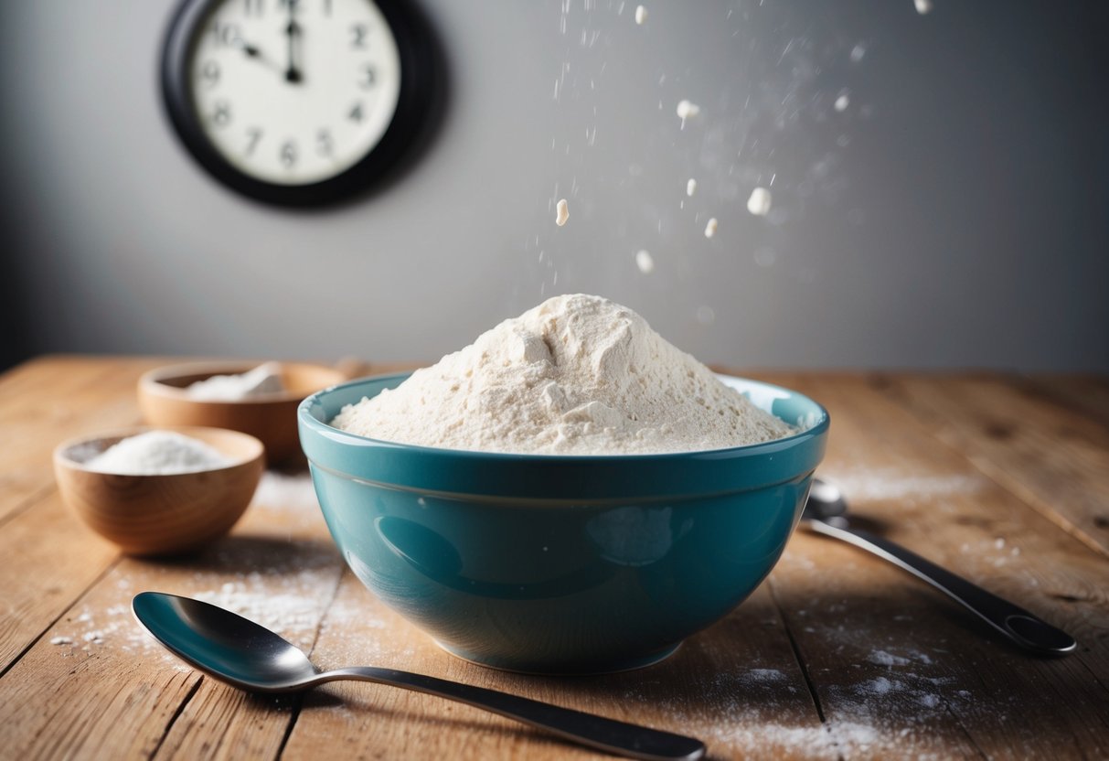 A bowl of flour and water sits on a wooden table, with a spoon nearby. A clock on the wall shows the passage of time