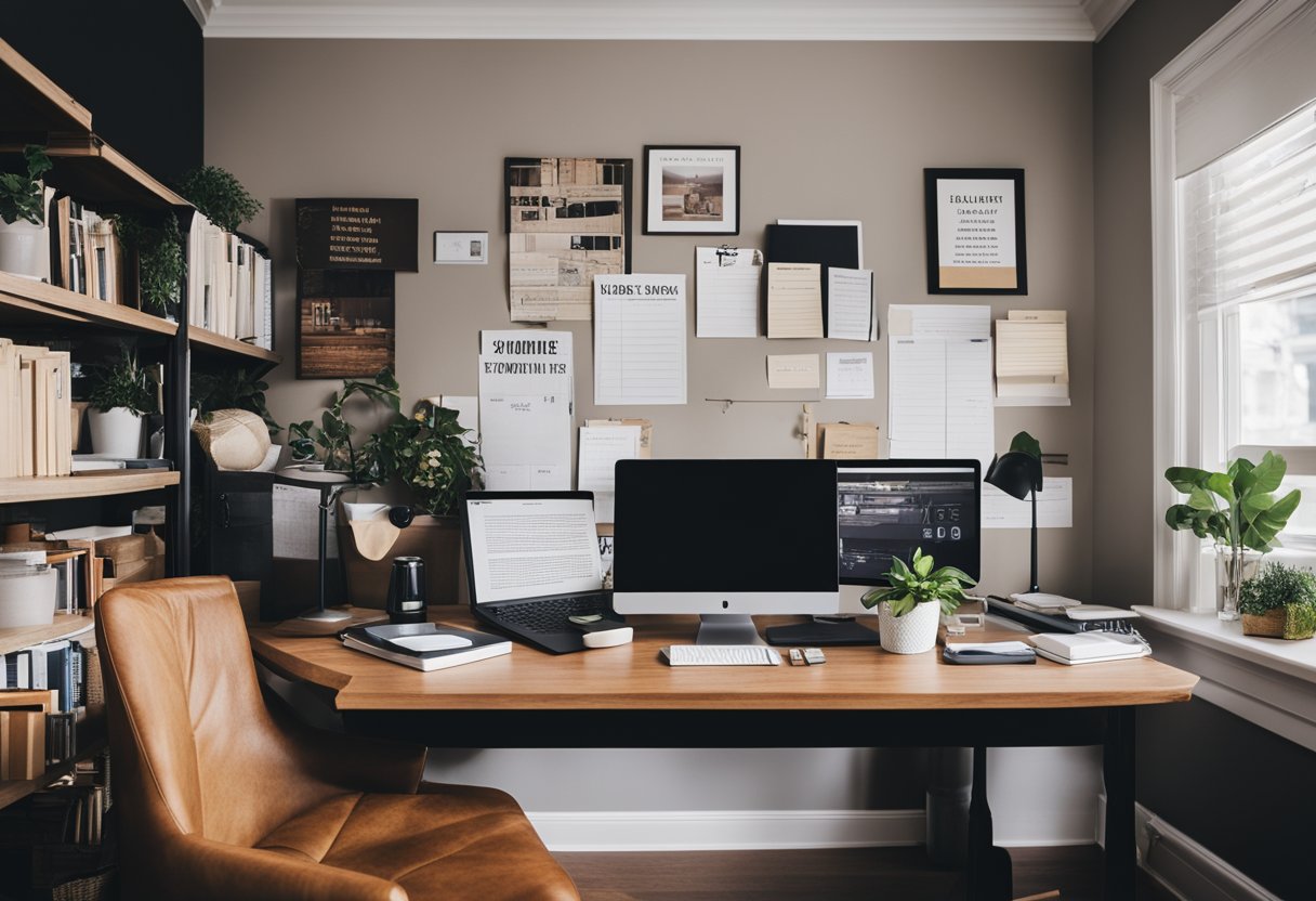 A cozy home office with a desk covered in real estate books, a laptop open to a blog draft, and a wall covered in brand and voice brainstorming notes