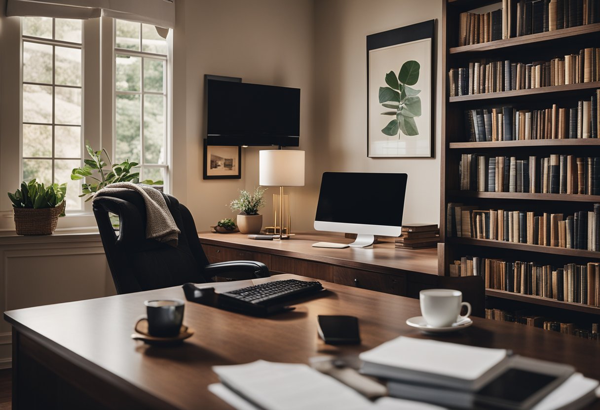 A cozy home office with a desk, computer, and bookshelves. A stack of real estate investment books sits on the desk. A warm, inviting atmosphere