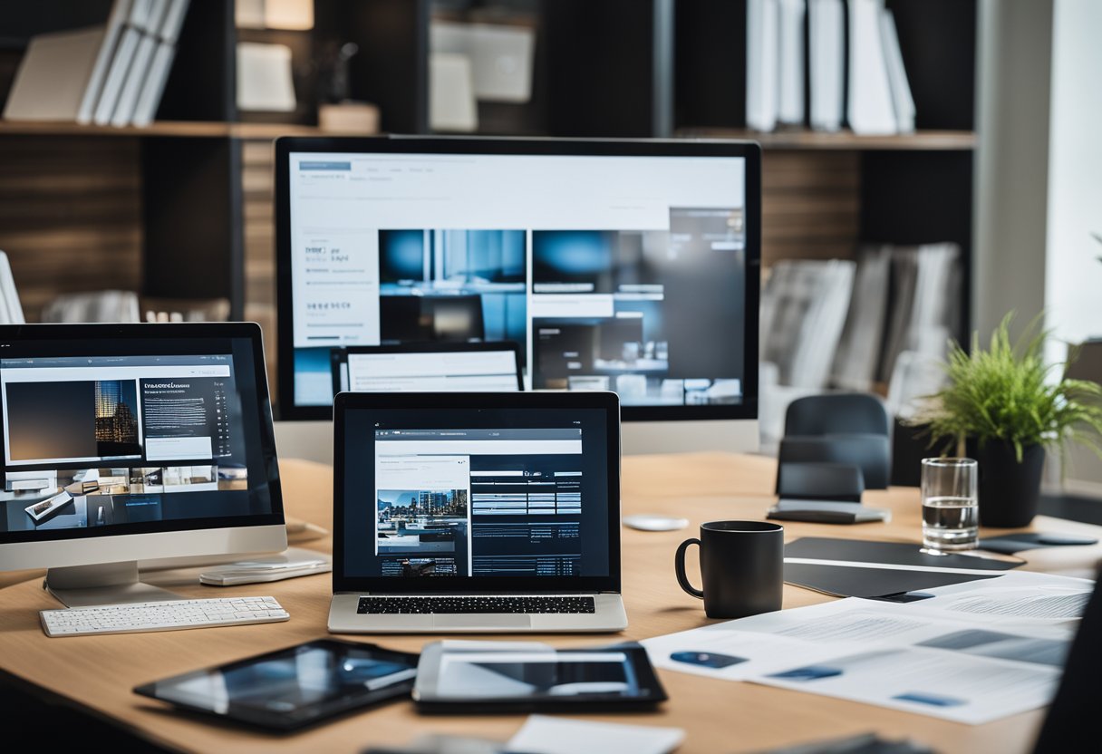 A modern office with a computer, tablet, and smartphone surrounded by real estate magazines and industry reports