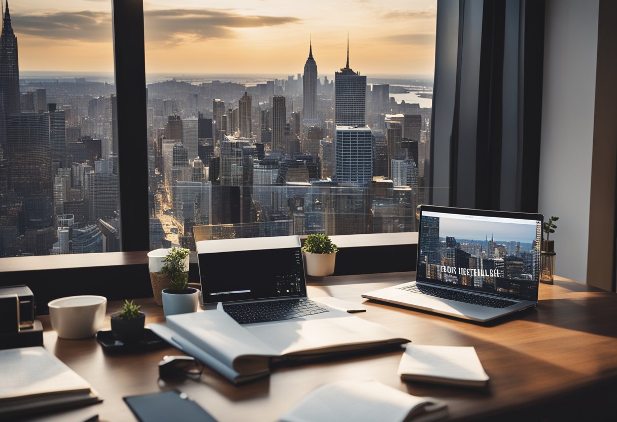 A desk cluttered with real estate books, a laptop, and a notepad. A large window overlooks a city skyline, providing inspiration