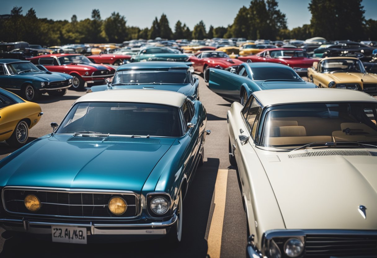 Uma linha de carros icônicos de diferentes épocas, variando de modelos clássicos vintage a designs modernos elegantes, estacionados em uma composição dinâmica.