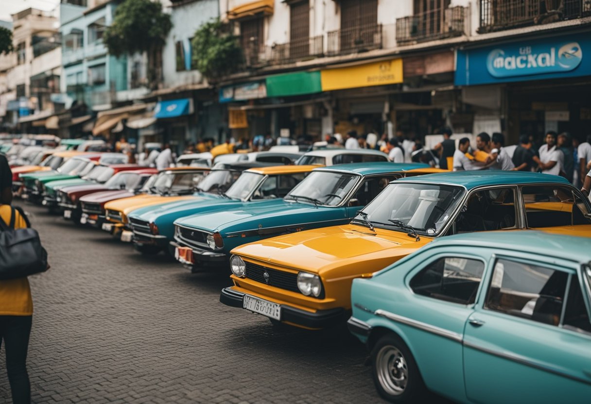 Um movimentado mercado de personalização de carros no Brasil, com veículos coloridos, mecânicos habilidosos e clientes entusiasmados.