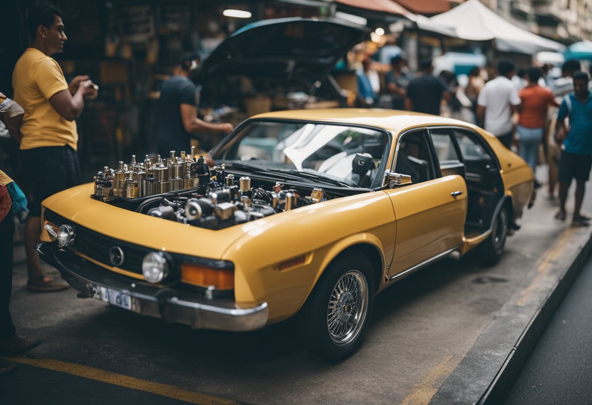 Um carro sendo personalizado com componentes únicos em um mercado brasileiro movimentado