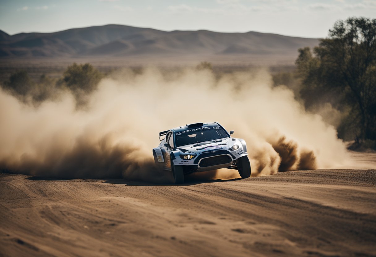 Uma pista de terra empoeirada com carros de rally rugindo, levantando poeira e realizando derrapagens em alta velocidade.