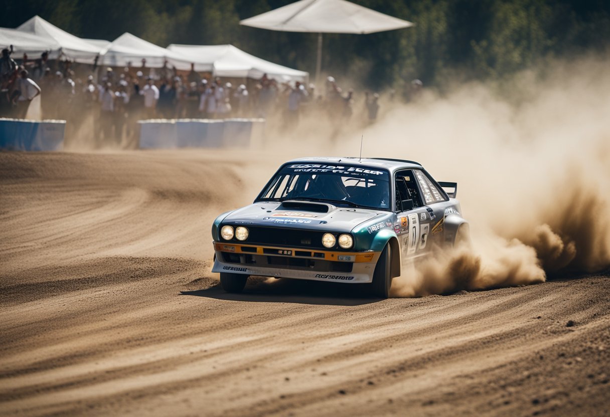 Um carro de drift de alta velocidade corre por um percurso de rali empoeirado, levantando poeira e pedras enquanto faz um power slide em uma curva acentuada.