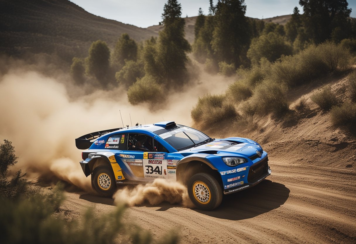 Um carro de rally off-road de alta velocidade derrapa em uma curva acentuada, levantando uma nuvem de poeira e cascalho enquanto acelera pelo terreno acidentado.