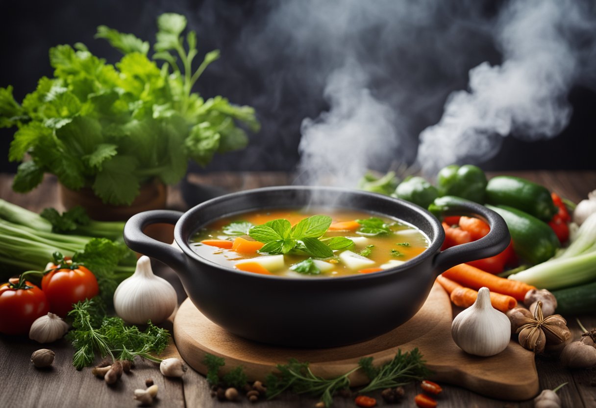 Uma panela fumegante de sopa detox cercada por vários vegetais frescos, ervas e especiarias, emitindo um aroma fragrante e saboroso