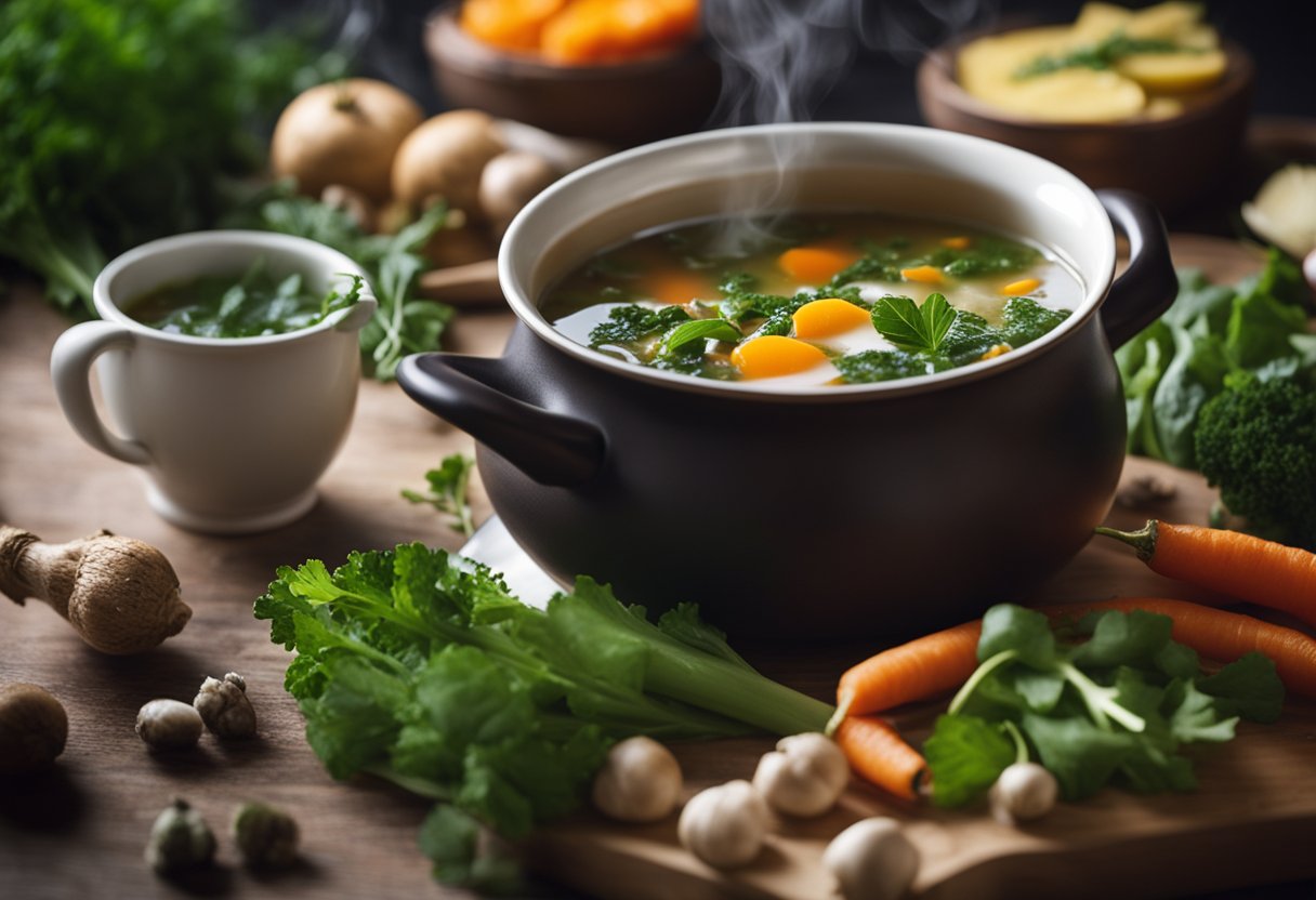 Uma panela fumegante de sopa detox cercada por vegetais e ervas de inverno, emitindo um aroma reconfortante