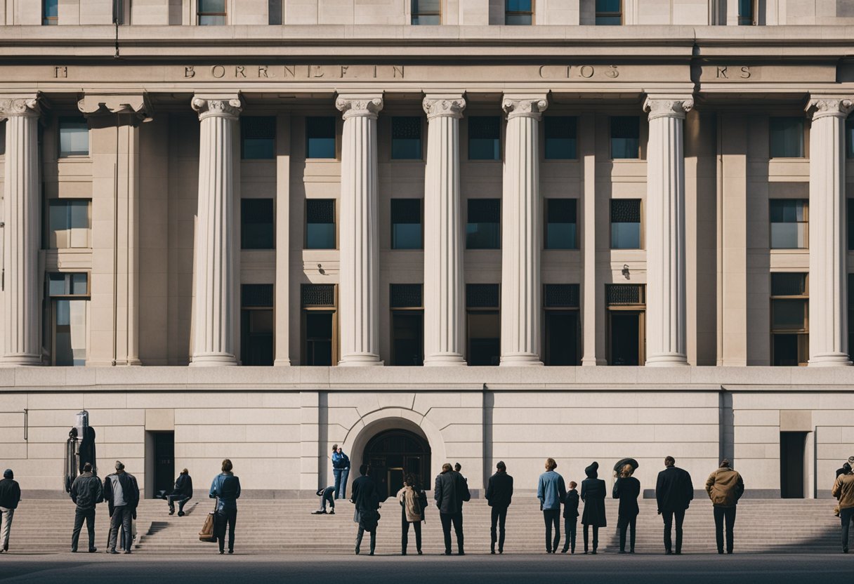 A government building with a line of people waiting to inquire about foreclosures