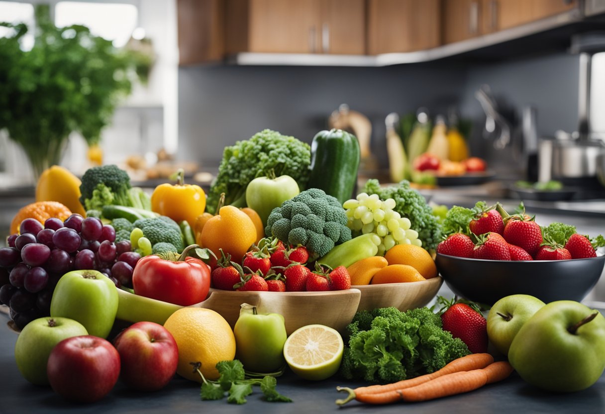 Uma variedade colorida de frutas frescas, vegetais e proteínas magras dispostas em uma bancada de cozinha, prontas para serem transformadas em versões saudáveis e fit de pratos tradicionais.