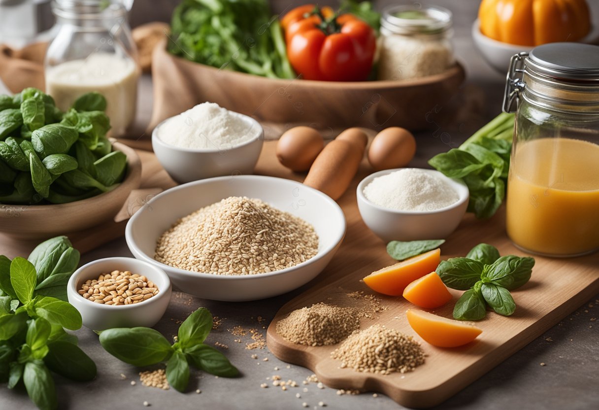 Uma bancada de cozinha com ingredientes tradicionais e uma variedade de substitutos saudáveis, como farinha integral, estévia e vegetais frescos, ao lado de um livro de receitas intitulado "Receitas Saudáveis e em Forma."