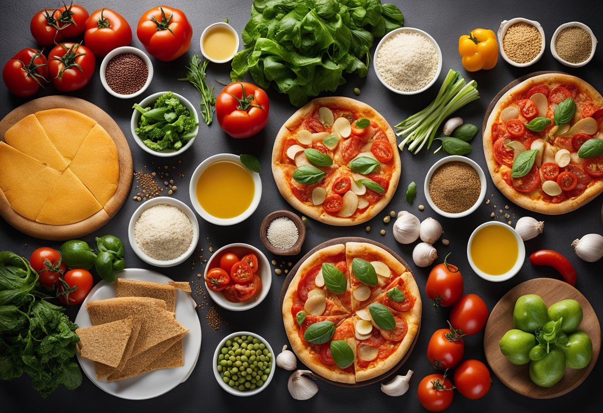 Uma variedade colorida de ingredientes saudáveis para pizza, incluindo vegetais frescos, proteínas magras e massa de trigo integral, dispostos sobre uma bancada de cozinha.