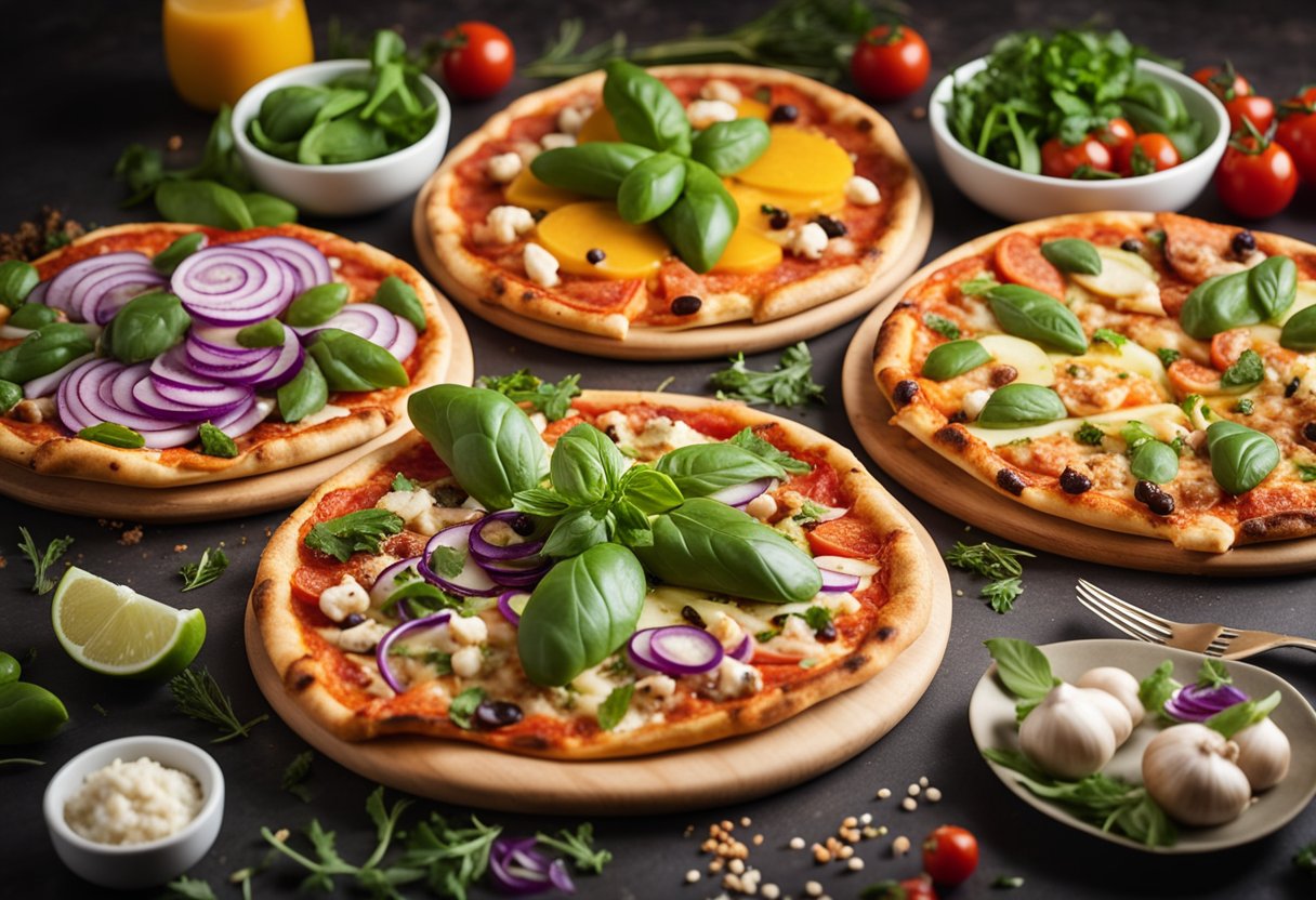 Uma mesa posta com quatro pizzas coloridas e nutritivas, com coberturas de vegetais frescos e proteínas magras, cercadas por ervas e especiarias vibrantes.