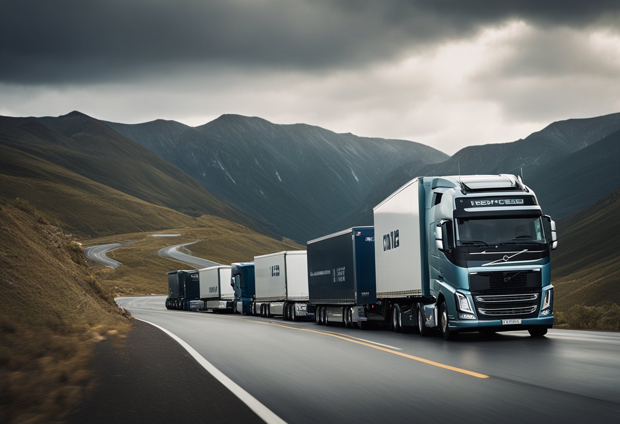 A convoy of Volvo semi trucks navigating a winding mountain road