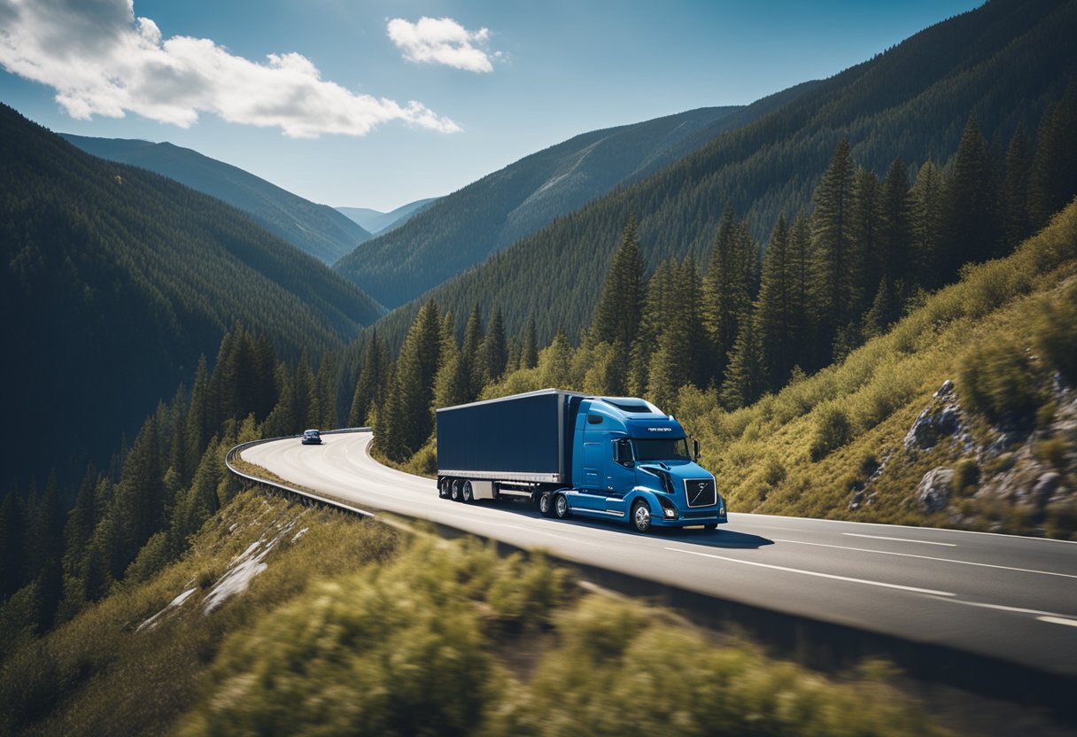 A Volvo semi truck navigating a mountainous road under a clear blue sky