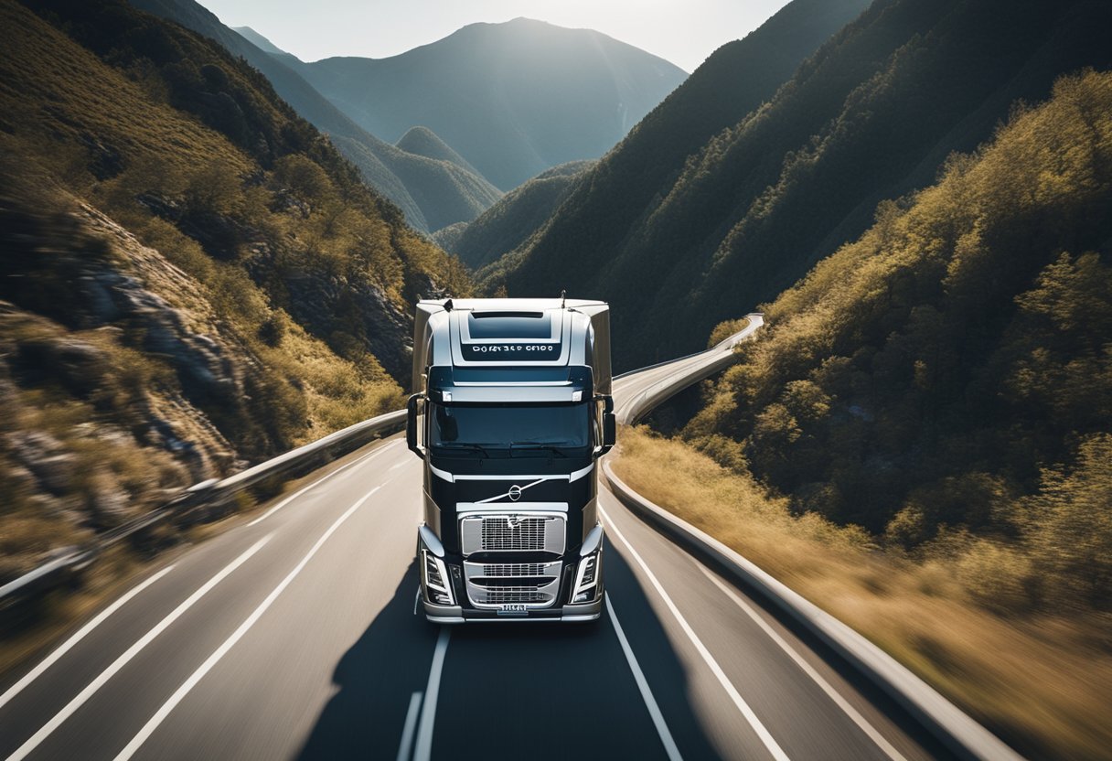 A Volvo semi truck navigating a winding mountain road