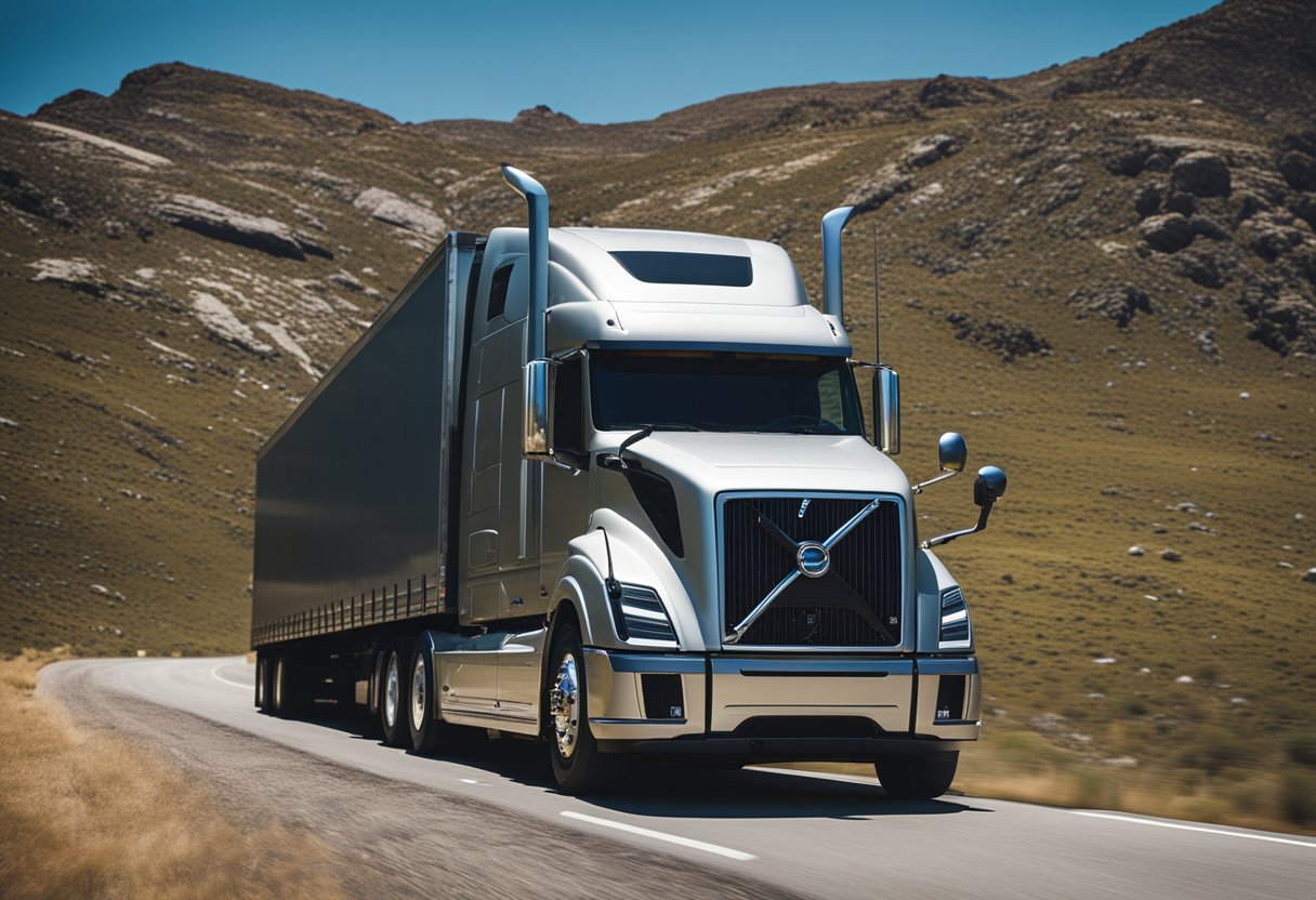 A Volvo semi truck driving through a rugged landscape, with a clear blue sky and a sense of durability and reliability