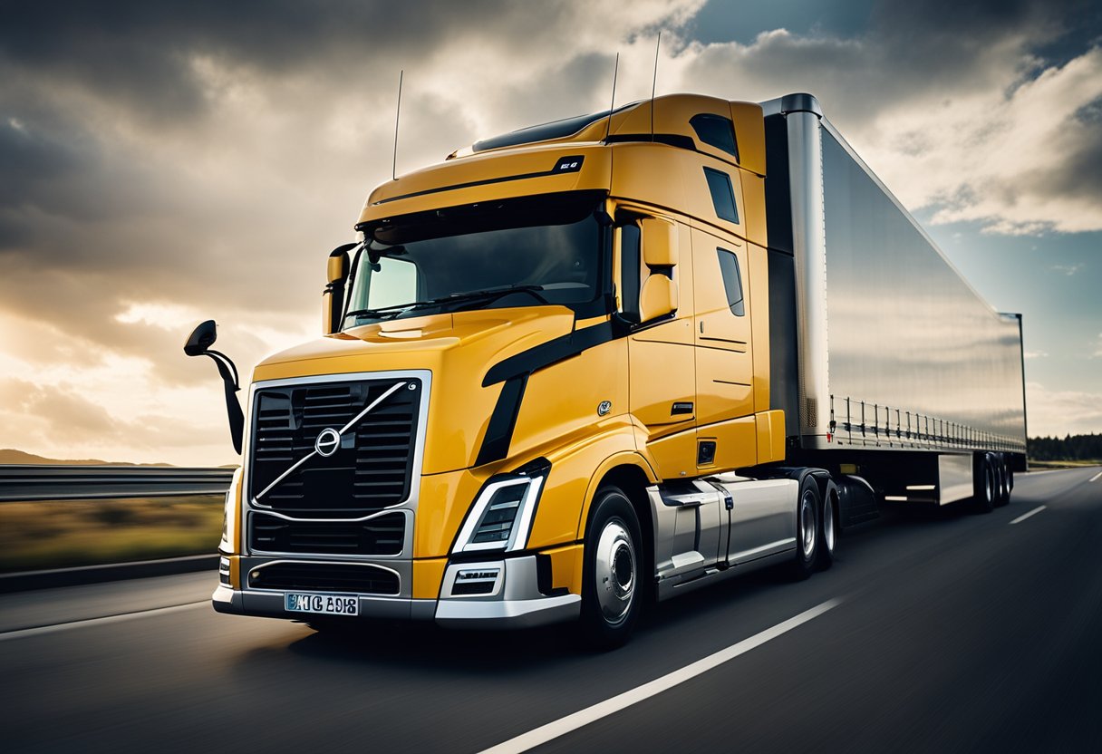 A Volvo semi truck hauling a heavy load, with its powerful engine roaring as it confidently navigates the highway