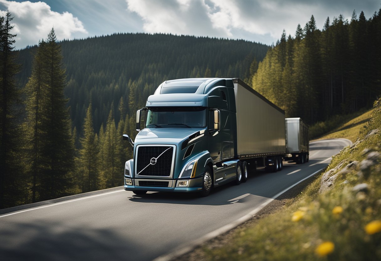 A Volvo semi truck pulling a heavy load up a steep hill with ease