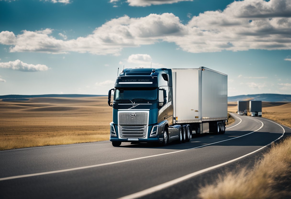 A Volvo semi truck with a powerful and reliable engine driving down a long highway, surrounded by vast open landscapes and blue skies