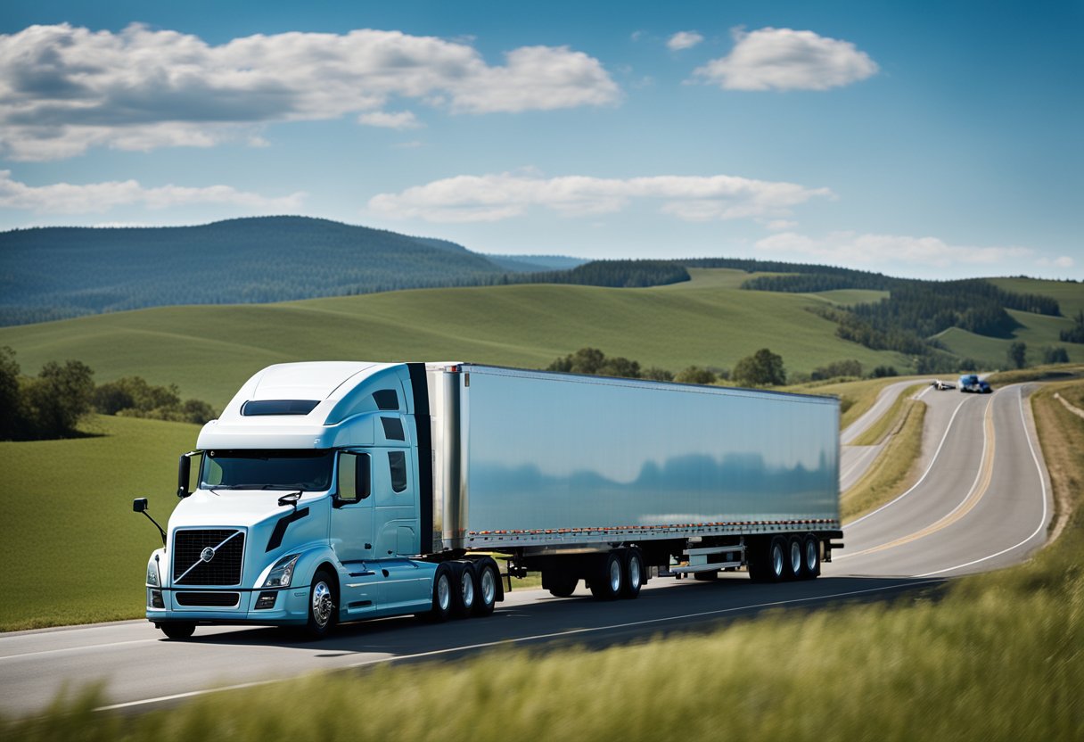 A Volvo semi truck with a D11 engine cruising down a long stretch of highway, with a backdrop of rolling hills and a clear blue sky