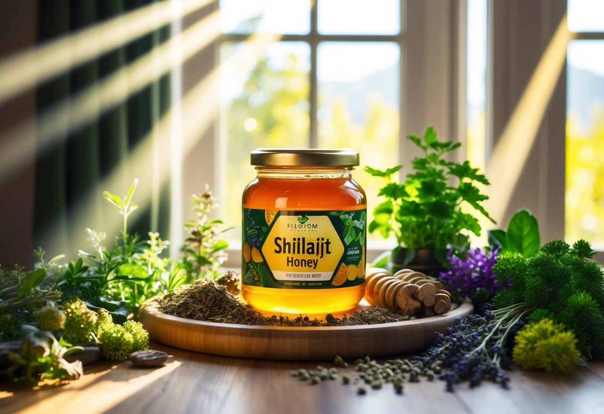 A jar of Shilajit honey surrounded by various herbs and plants, with rays of sunlight streaming in through a window, highlighting its natural and healthful properties