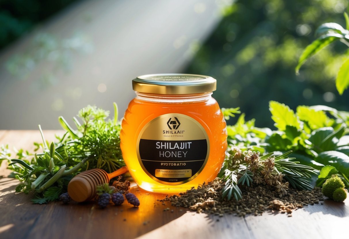 A jar of Shilajit honey surrounded by various herbs and plants, with a beam of sunlight shining down on it