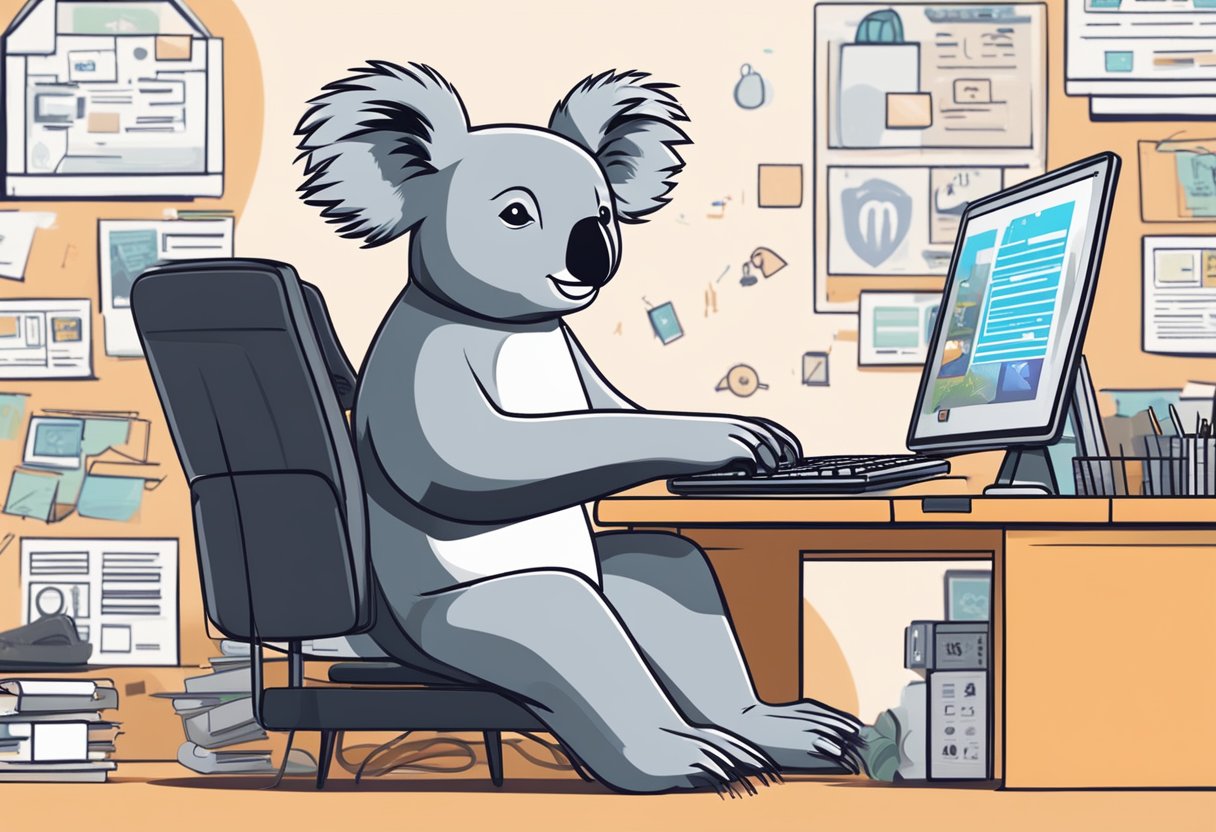 A koala AI writer eagerly typing on a computer surrounded by Black Friday and Cyber Monday discount banners and logos