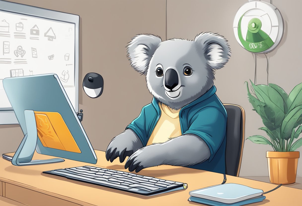 A koala using a computer to write with a "Black Friday & Cyber Monday" banner in the background