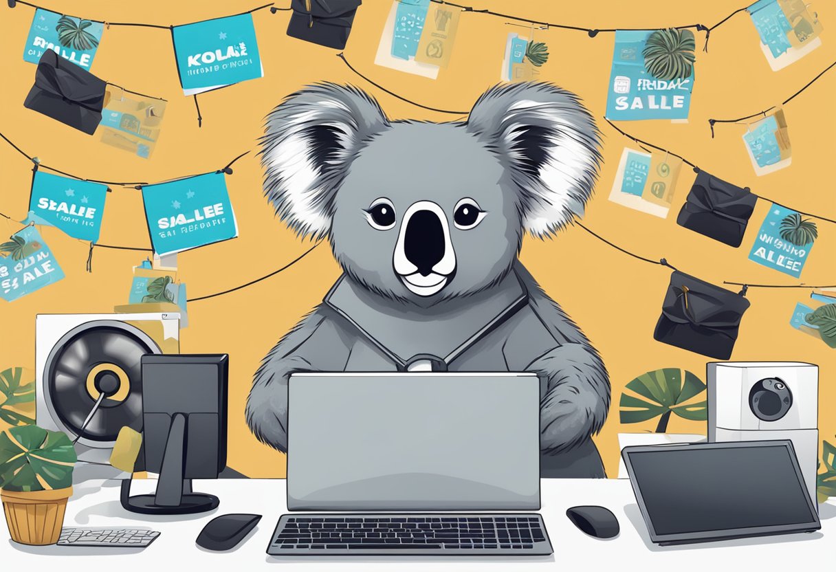 A koala with a computer surrounded by Black Friday and Cyber Monday sale signs