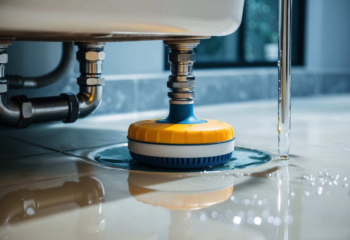 A water leaking detector placed under a sink, with water droplets pooling around the device on the floor