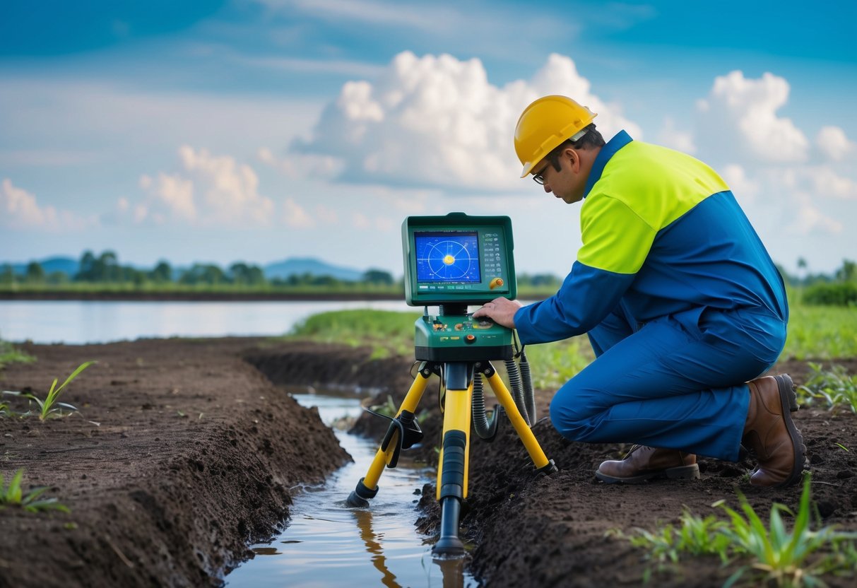 A technician uses ground-penetrating radar to locate underground water leaks in a Malaysian landscape